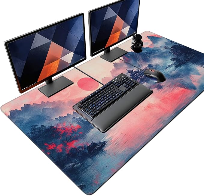 Landscape Ink Painting Gaming Mouse Pad Extra Large Gaming Mouse Pads Waterproof Non Slip Big Computer Mousepad Mice Pads Desk Pad Stitched Edges for Women Office Home (48x24 Pink)