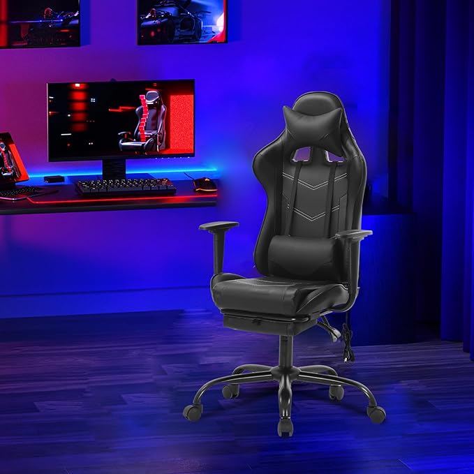PayLessHere Racing Gaming Chair Office Massage Chair Ergonomic Recliner with Computer Desk PU Leather Lumbar Support Footrest Rolling Swivel and Task Function Ultimate Comfort for Adults (Black)