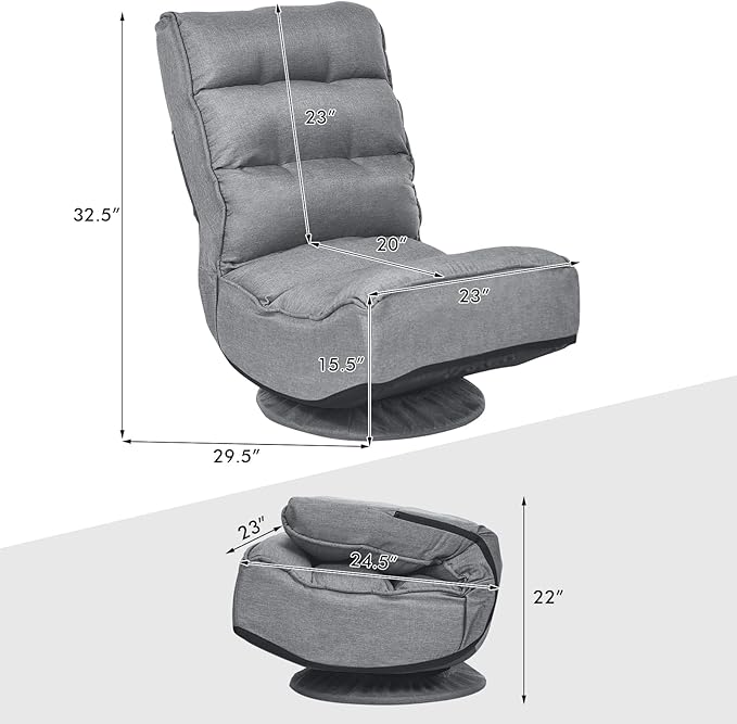 COSTWAY Folding Floor Chair Adjustable 5-Position Video Gaming Chair with 360 Degree Swivel Detachable Cover Padded Backrest Multipurpose Living Room Floor Lounger for TV Reading Playing (Grey)