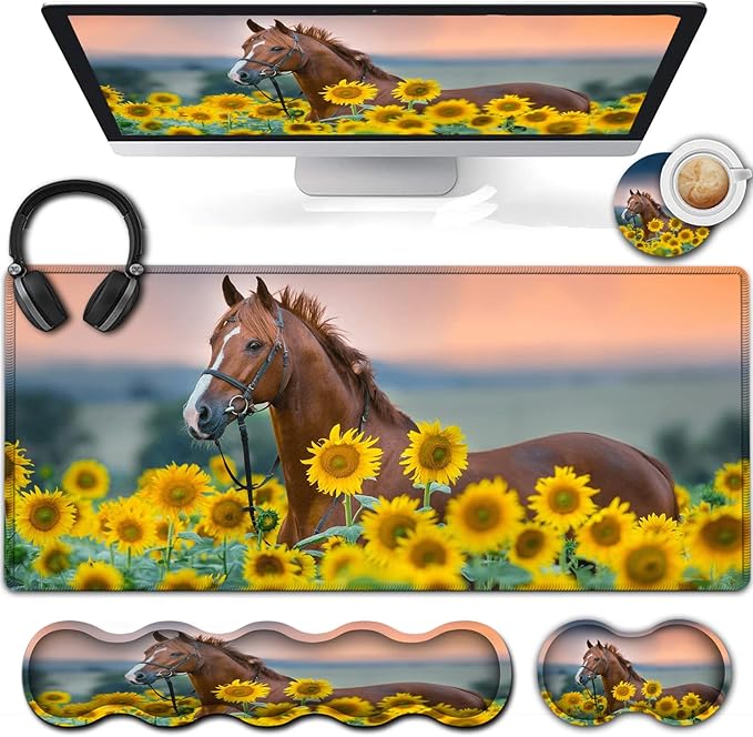 Extended Gaming Mouse Pad 31.5x11.8 Big Desk Mat Ergonomic Memory Foam Keyboard Wrist Rest Support for Home Laptop Office Desk Pad with Non-Slip BaseSunflower &amp Horse Pattern Large Mouse Pad