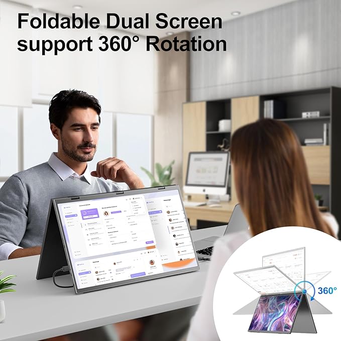 Dual Portable Monitor 18.5 1080P FHD IPS Folding Stacked Triple Laptop Screen Extender USB-C Plug &amp Play Travel Extended Computer Display for Laptop PC Windows Mac w/Stand &amp VESA Mountable