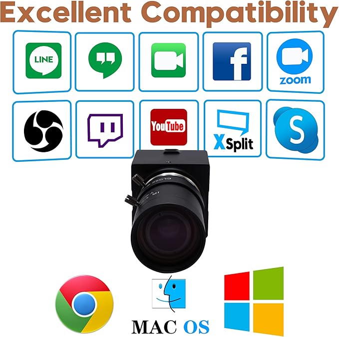5mp USB Camera with Zoom 5-50mm Lens Webcam Variable Focus PC Camera Mini UVC USB2.0 USB with Camera for Computer Manual Zoom Close-up Camera Industrial Varifocal Web Camera for Raspberry Pi Laptop