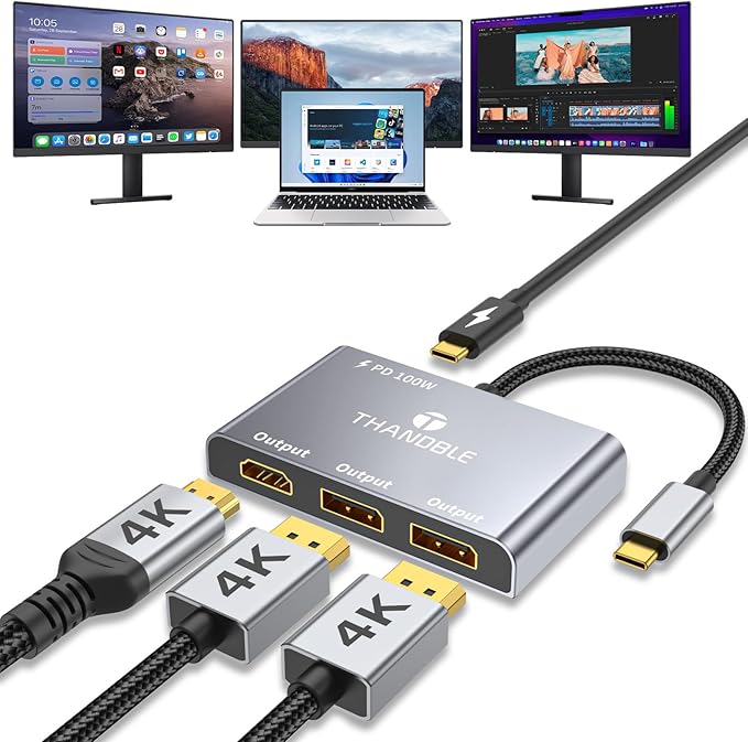 USB C to Dual DisplayPort Adapter and HDMI with 100W PD Charging Triple 4K60Hz Monitor Extender for Dell/Surface Pro/HP DP Splitter Extended Display Hub Laptop Multi-Screen Adapter