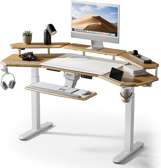 EUREKA ERGONOMIC Solid Wood Top Gaming Desk with Keyboard Tray 72 Wing Shaped Music Studio Table with LED Shelves Heavy Duty Gaming Recording Live Stream Desk Cable Slot Design