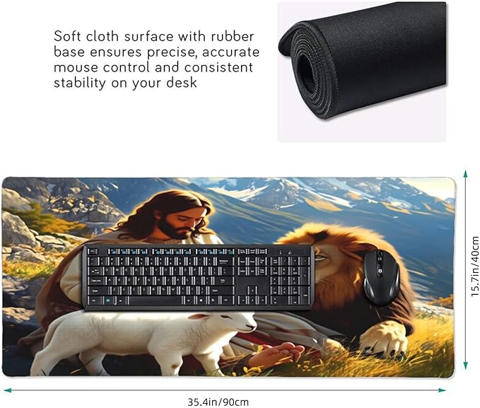 XXL Gaming Mouse Pad Extended (35.5X16) Jesus with Lion &amp Lamb Large Non-Slip Desk Mat Water-Resistant Keyboard Mousepad for Office &amp Home