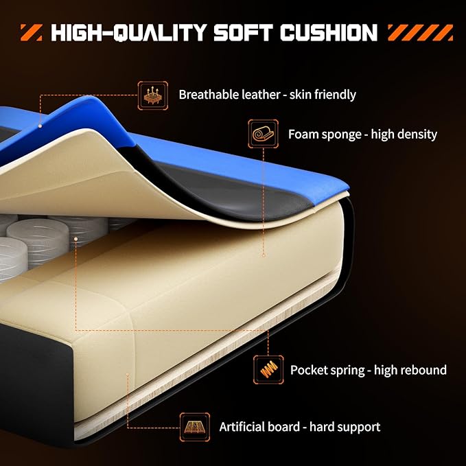 Video Game Desk Chair Ergonomic Computer with Footrest and Comfy Lumbar Support PU Leather Recliner with Headrest Fixed Up Armrest Height Adjustable with 360° Swivel for Adults Blue