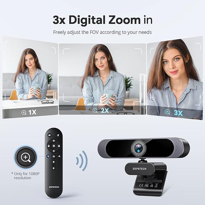 DEPSTECH 4K Webcam Ultra HD 1/2.55'' Sony Sensor 3X Digital Zoom Dual Noise-Canceling Microphones Remote Control Auto Focus Streaming Webcam for PC Mac Laptop Video Call Zoom Skype Teams