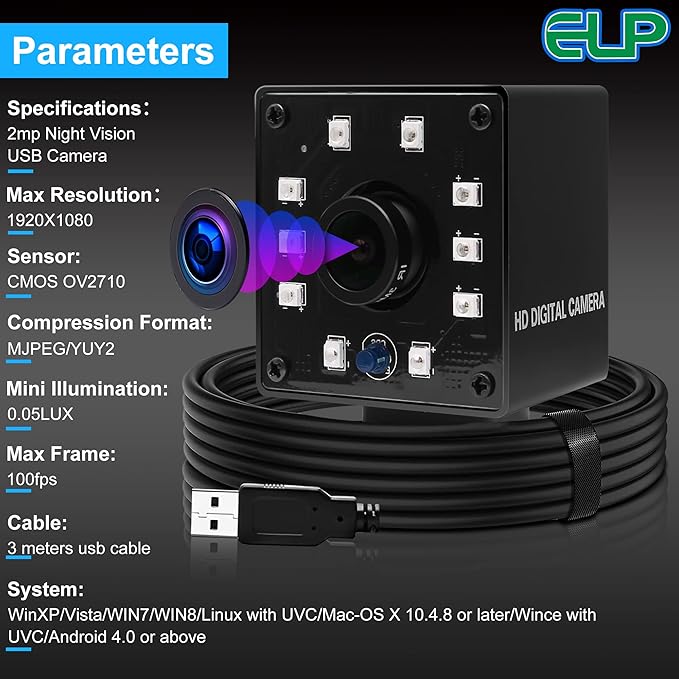 USB Camera 100fps Night Vision WebcamFull HD 1080P Web Cam with IR Cut and 10pcs Led Board LightsDay Nights Webcameras2mp Web Cameras for Most OS (3.6mm lens webcam with IR LED board)
