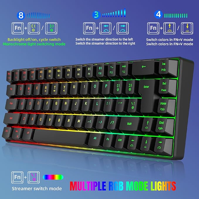 Wired Gaming Keyboard RGB Mechanical Gaming Keyboard with 68 Keys Ergonomic Design USB Wired Keyboard for Desktop Computer IBM PC Win98SE (Black)