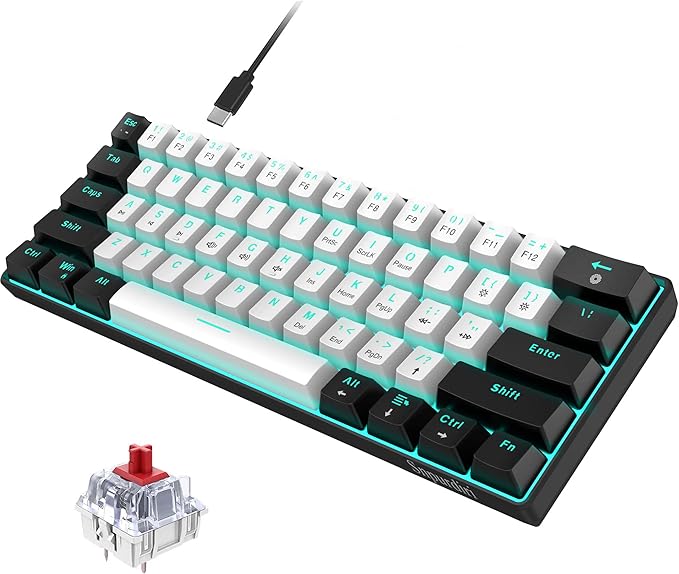 Snpurdiri 60% Wired Mechanical Gaming Keyboard Ice Blue LED Backlit 61 Keys Mini Wired Office Keyboard for Windows Laptop PC Mac (Black-White Red Switches)
