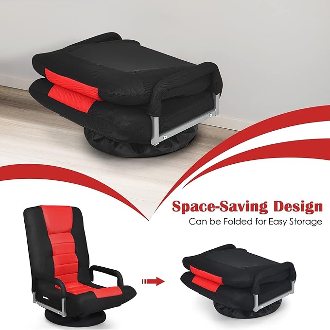 ERGOMASTER 360 Degree Swivel Video Gaming Floor Chair w/Armrests Adjustable 6-Position Folding Floor Chair Padded Backrest for Game Reading (Black/Red)