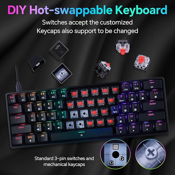 CHONCHOW Mechanical Keyboard 61 Keys Gaming RGB USB Wired Red Switch Programmable Ultra-Compact Keypad Compatible with Windows 7/8/10 iMac Xbox one X Ps4(Blackred Switch)