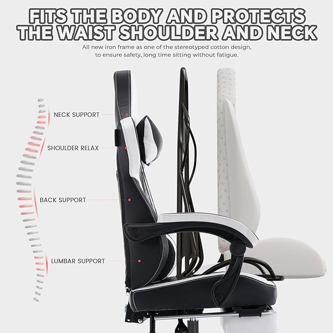 Gaming Chair with Footrest High Back Gaming Chairs PVC Leather Ergonomic Office Gamer Chair Headrest Lumbar Support Racing Style Video Gaming Chair (Black &amp White)