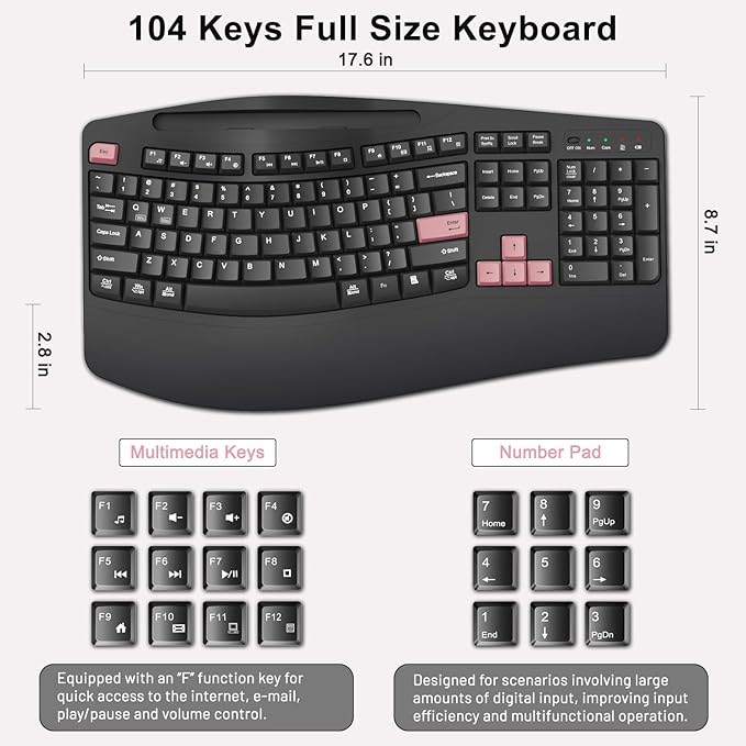 Wireless Keyboard and Mouse Combo 2.4G Full Size Wave Keys Ergonomic Keyboard with Wrist Rest Phone Holder 3-Level DPI Wireless Silent Mouse with 6-Buttons for Windows (Pink)