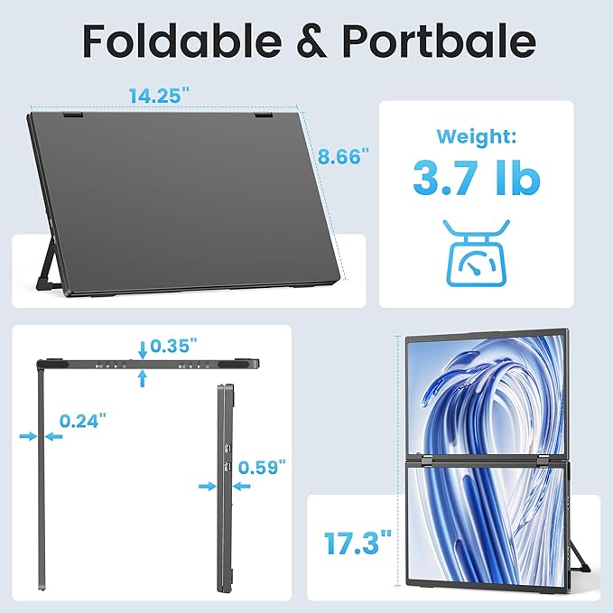 Portable Dual Monitors 15.6 1080P Dual Laptop Screen Extender Foldable Second Monitor Plug &amp Play with No Driver Needed Ideal for Home &amp Office Work with Wins Laptop