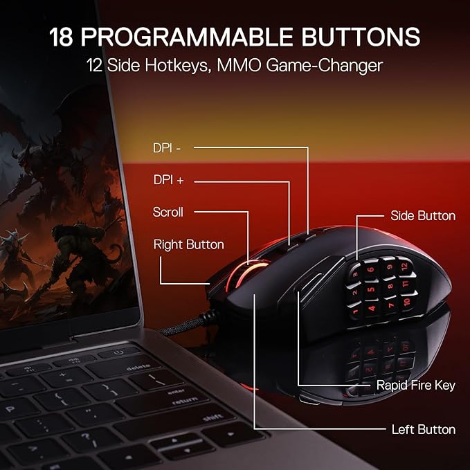 Redragon M921 MMO Gaming Mouse 12400 DPI High Precision Wired RGB Mice w/18 Programmable Buttons 12 Side Macro Keys Software Supports for PC Laptop