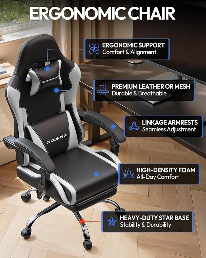 Dowinx Ergonomic Gaming Chair with Footrest &amp Massage Lumbar 2D-Linkage Armrests for Computer Chair 330lbs with Headrest Pillow for Office Home Streaming and Long Gaming Sessions White