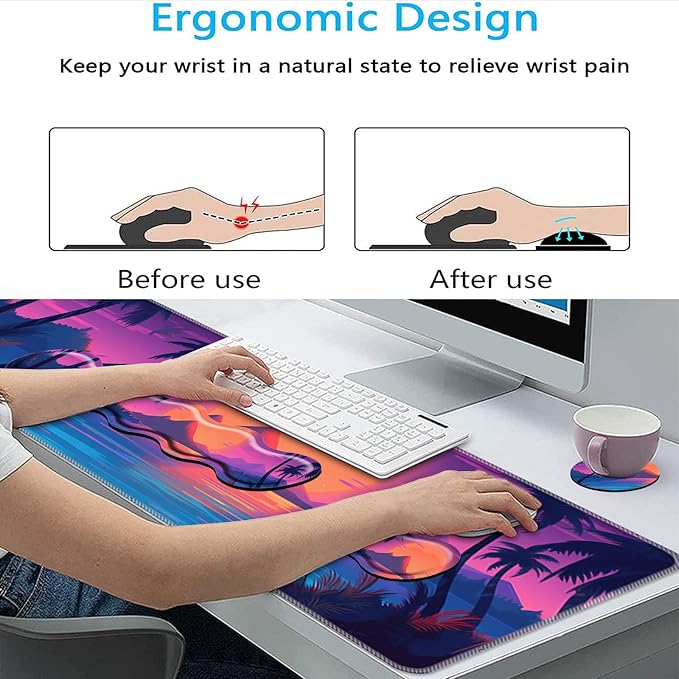 Keyboard Mouse Pad SetLarge Mouse Pad+Keyboard Wrist Rest+Wrist Support+Coaster31.5x11.8in Extended Desk Mat for Computer Laptop Office Home-Sunset Beach Palm Trees