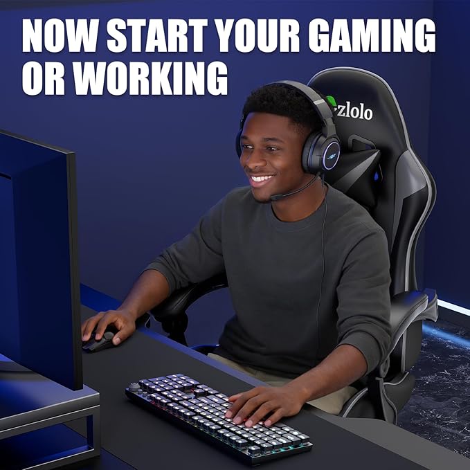 Gaming Chair with Footrest Racing Style Lumbar Support Massager Video Game Chair with Metal Legs High Back Reclining Gamer Chair with Headrest 360° Swivel Office Computer Desk Chair (Gray)