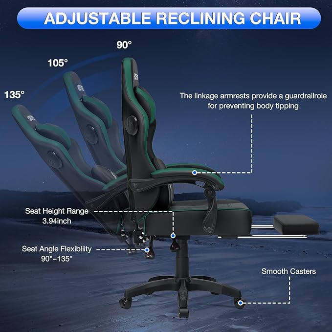 HOFFREE Gaming Chair Computer Chair with Speakers Massage Game Chairs with Footrest Bluetooth High Back Ergonomic Computer Gaming Chairs for Adults Reclining Video Gamer Chair Green and Black