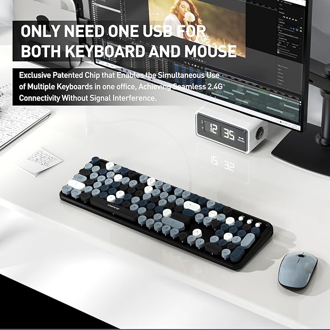 FOPETT Wireless Keyboard and Mouse Combo 105 Keys Full-Sized 2.4 GHz Round Keycap Colorful Keyboards USB Receiver Plug and Play for Windows Mac PC Laptop Desktop (Grey Colorful)