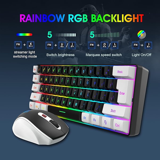Snpurdiri 2.4G Wireless Gaming Keyboard and Mouse Combo Include Small 60% Merchanical Feel Keyboard Ergonomic Design Mini Wireless Mouse(White and Black)