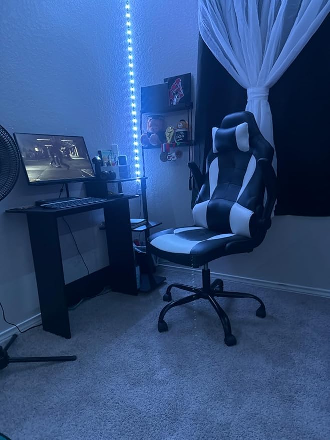 PC Gaming Chair - Ergonomic Height Adjustable Massage Office Chair with 360 Swivel Wide Seat and Headrest - White