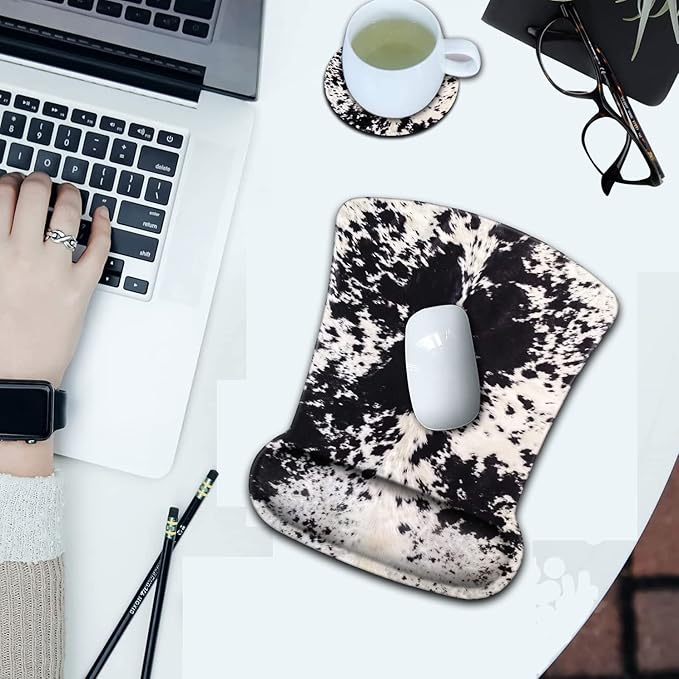Ergonomic Mouse Pad Wrist Support and Memory Foam Keyboard Wrist Rest SetGel Mouse Mat with Non-Slip PU BaseKeyboard Palm Rest for Home Office Wireless Gaming Mouse Pad Black White Cowhide Fur