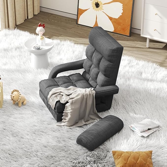 WAYTRIM 6-Position Indoor Chaise Lounge Chair Gaming Floor Chair for Teens &amp Adults Lazy Sofa for Pets with Armrest &amp Pillow - Charcoal