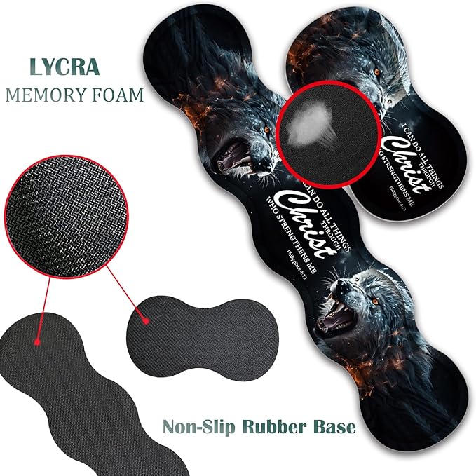 4 in 1 Mouse Pad Combo Large Gaming Mouse Pad + Keyboard Wrist Support + Mouse Wrist Rest + Coaster Table Pad 31.5 x 11.8 with Memory Foam Ergonomic Wrist Pad Set Ferocious Wolf