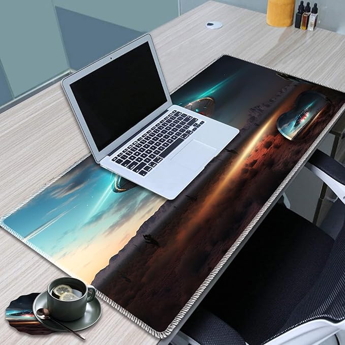 Large Game Mouse Pad + Wrist Support Pad + Coffee Coaster Desk Pad with Sewn Edges Anti-Slip Set pad Suitable for Office Work and Home - Colorful Alien UFO