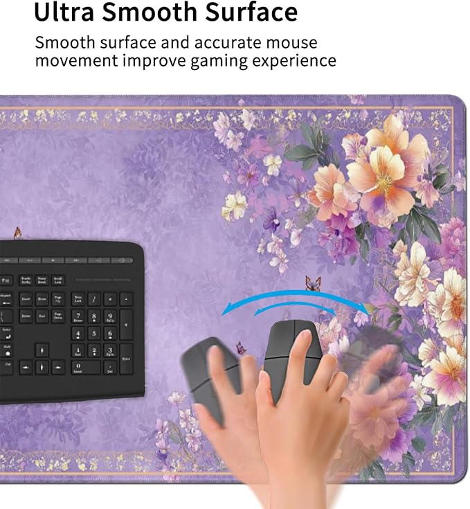 Extra Large Floral Mouse Pad‌ 48 x 24 - Beautiful Flower &amp Butterfly Design XXXL Desk Mat with Non-Slip Base Violet Mousepad Comfortable Keyboard Mat for Gaming &amp Work