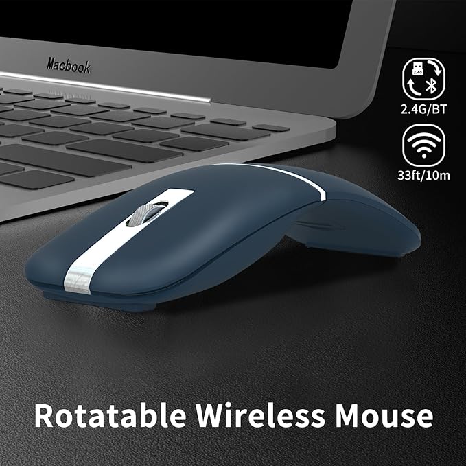 Bluetooth Arc Travel Mouse - BT &amp USB Wireless Dual Mode Rechargeable Slim Rotatable Portable 3-Speed DPI Silent Computer Mouse for Microsoft Laptop PC Chromebook Tablet - Sapphire Blue