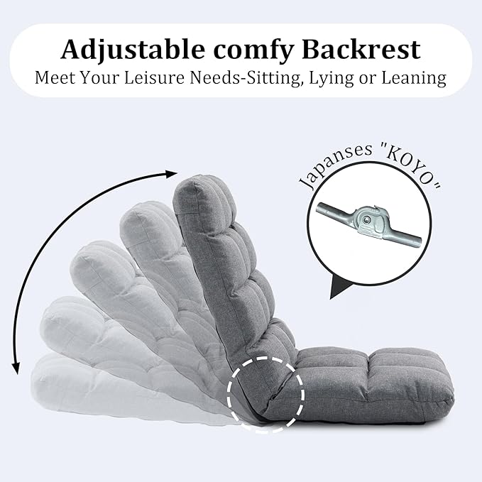 Folding Floor Gaming Chair with Back Support 14-Position Adjustable Recliner - Padded Cushion with Breathable Linen &amp Cotton Blend for Adults &amp Kids Perfect for Gaming Reading &amp Meditat