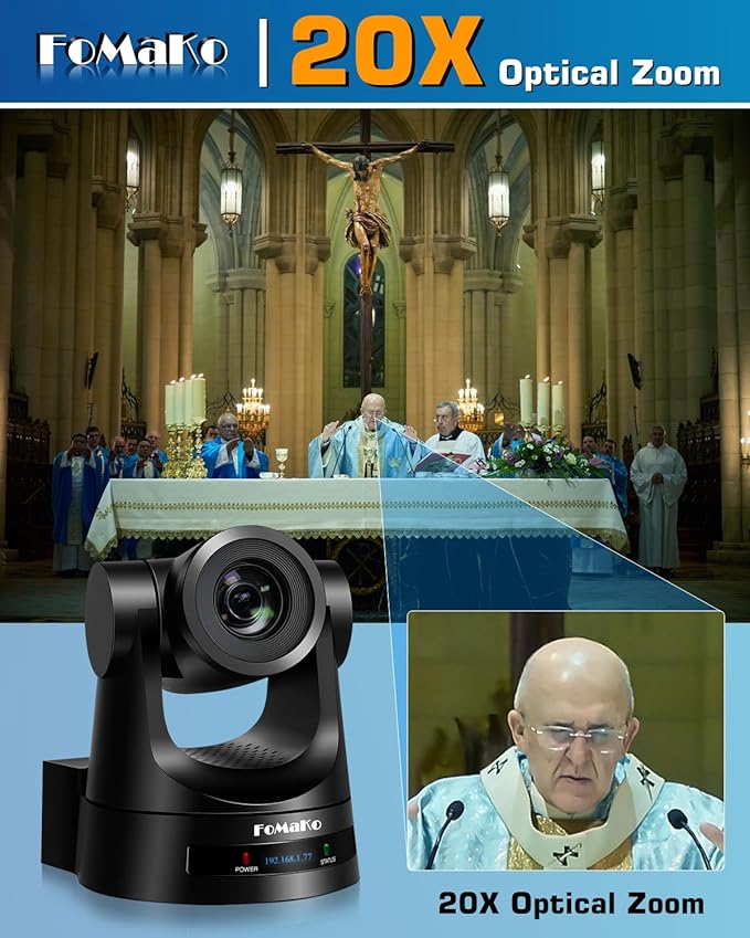 FoMaKo PTZ Camera HDMI AI Auto-Tracking Gen 3 20x Optical Zoom True to Life Colors PoE HDMI PTZ Camera for Church Services Worship Education vMix OBSNDI Upgradeable (FMK20SDI ProBlack)