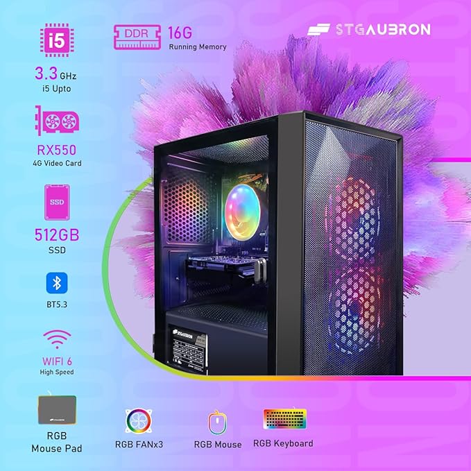 STGAubron Gaming PC Bundle with 24Inch FHD LED Monitor-Radeon RX 550 4G Intel Core I5 up to 3.7G 16G RAM 512G SSD RGB Fan x 2 Windows 11 Home