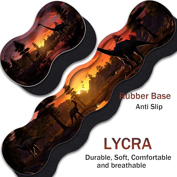 Gaming Mouse Pad Set Large Gaming Mouse Pad+Keyboard Wrist Rest+Mouse Wrist Rest+Coaster Easy Typing Pain Relief 31.5 × 11.8 inch Desk Mat for Home Office - Dinosaur Forest at Sunset