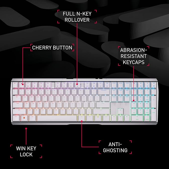 Cherry MX 3.0S Wireless Mechanical Gaming Keyboard. Aluminum Housing Built for Gamers w/MX Brown or Red Switches. RGB Backlit Color Display Over 16m Colors. (White w/MX Brown Switches)