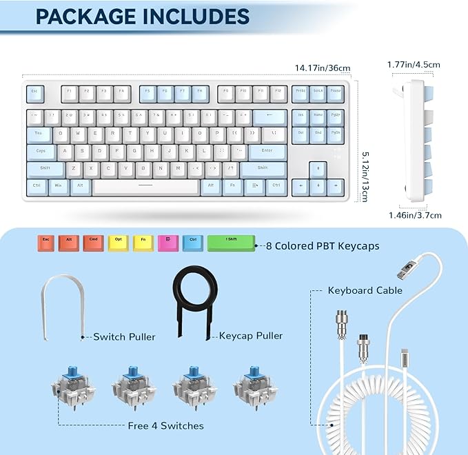 MAGIC-REFINER AK873 75% Wired Mechanical Gaming Keyboard Anti-ghosting Blue Switch8Pcs DIY Sublimation Color keycapsRainbow LED Backlist for PC Xbox PS4Mac Users(Blue White)