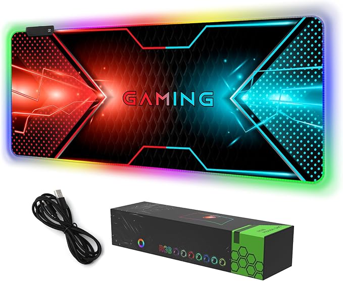 RGB Gaming Mouse Pad DINKY Large Extended Soft Led Mouse Pad with 14 Lighting Modes Water Resist Keyboard Pad Computer Keyboard Mousepads Mat 35.4×15.8 inches-Cool Gaming