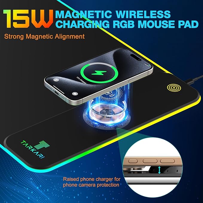 TARKARI Magnetic Wireless Charging RGB Mouse Pad Large Gaming Desk Mat 31.5x11.8 Waterproof Mousepad Ultra-Smooth Surface Non-Slip Rubber Base Desk Pad for Keyboard Laptop