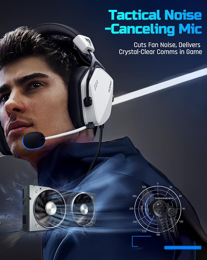 NUBWO HG03 Wired USB-A Gaming Headset for PC Computer Headset with 7.1 Surround Sound Noise Canceling Mic 50MM Driver Wired Headphones for PC Laptop Office - White