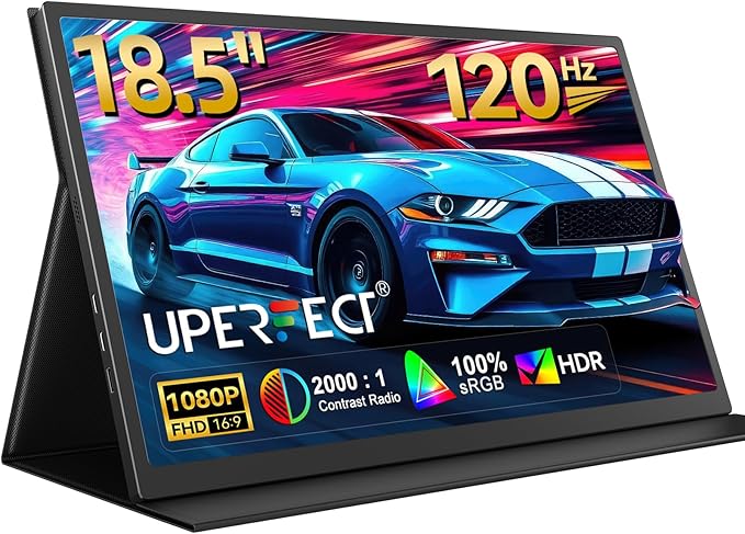 UPERFECT Portable Monitor 18.5 120HZ 100% sRGB Portable Laptop Monitor w/VESA &amp Cover FreeSync HDR Gaming Monitor 350Nits USB-C &amp HDMI Travel External Second Screen for Laptop PC Game Con