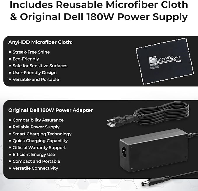 Dell WD19TBS Thunderbolt Docking Station with 180W AC Power Adapter (130W Power Delivery) + HDMI Cable + DisplayPort Cable + Thunderbolt Cable + Microfiber Cloth Included