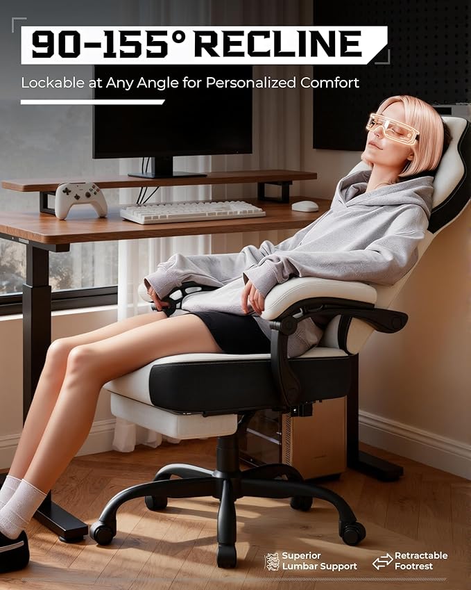 GTPLAYER Gaming Chair Computer Chair with Footrest and Lumbar Support for Adults 360°-Swivel Big &amp Tall Reclining Seat for Office or Gaming (White)
