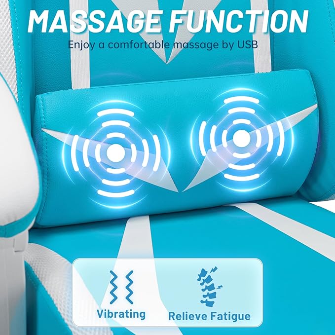 HOFFREE Gaming Chair Massage with Bluetooth Speakers and Led Lights Ergonomic Computer Gaming Chair with Footrest Cute Video Game Chair for Gaming Room Light Blue and White