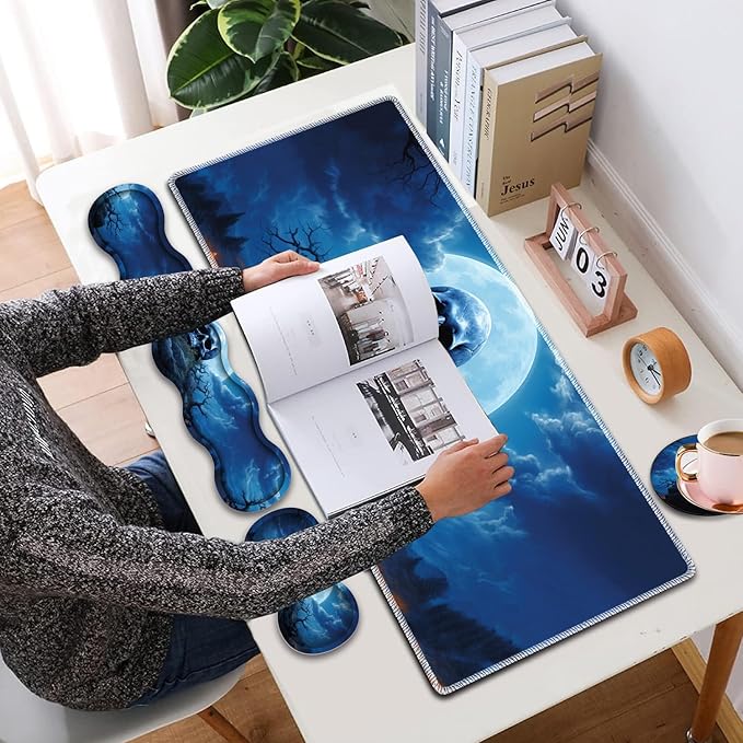 4 in 1 Mouse Pad Combo Large Gaming Mouse Pad + Keyboard Wrist Support + Mouse Wrist Rest + Coaster Table Pad 31.5 x 11.8 with Memory Foam Ergonomic Wrist Pad Set Blue Skull Moon