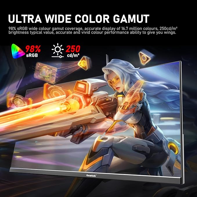 Gawfolk 24.5 Inch PC 300Hz Gaming Monitor FHD 1080p ScreenAdaptive Sync1ms Without Bezel 98% sRGB 178 ° Angle View HDMI、DisplayPort Compatible with wall mounting 75 * 75MM - Black