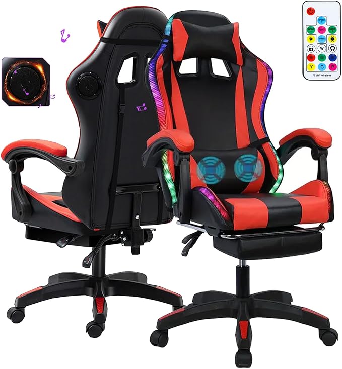 Gaming Chair Video Game Chair with LED Light Ergonomic Massage Computer Chairs Height Adjustable with 360° Swivel Seat and Headrest(US Fast Arrival) Black &amp Red
