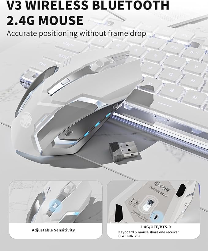 V3 Wireless Keyboard and Mouse with Single Backlit Metal Panel Bluetooth/2.4G Rechargeable Computer Keyboard and Mouse Combo Silent Lighted Full Size Cute Keyboards-White